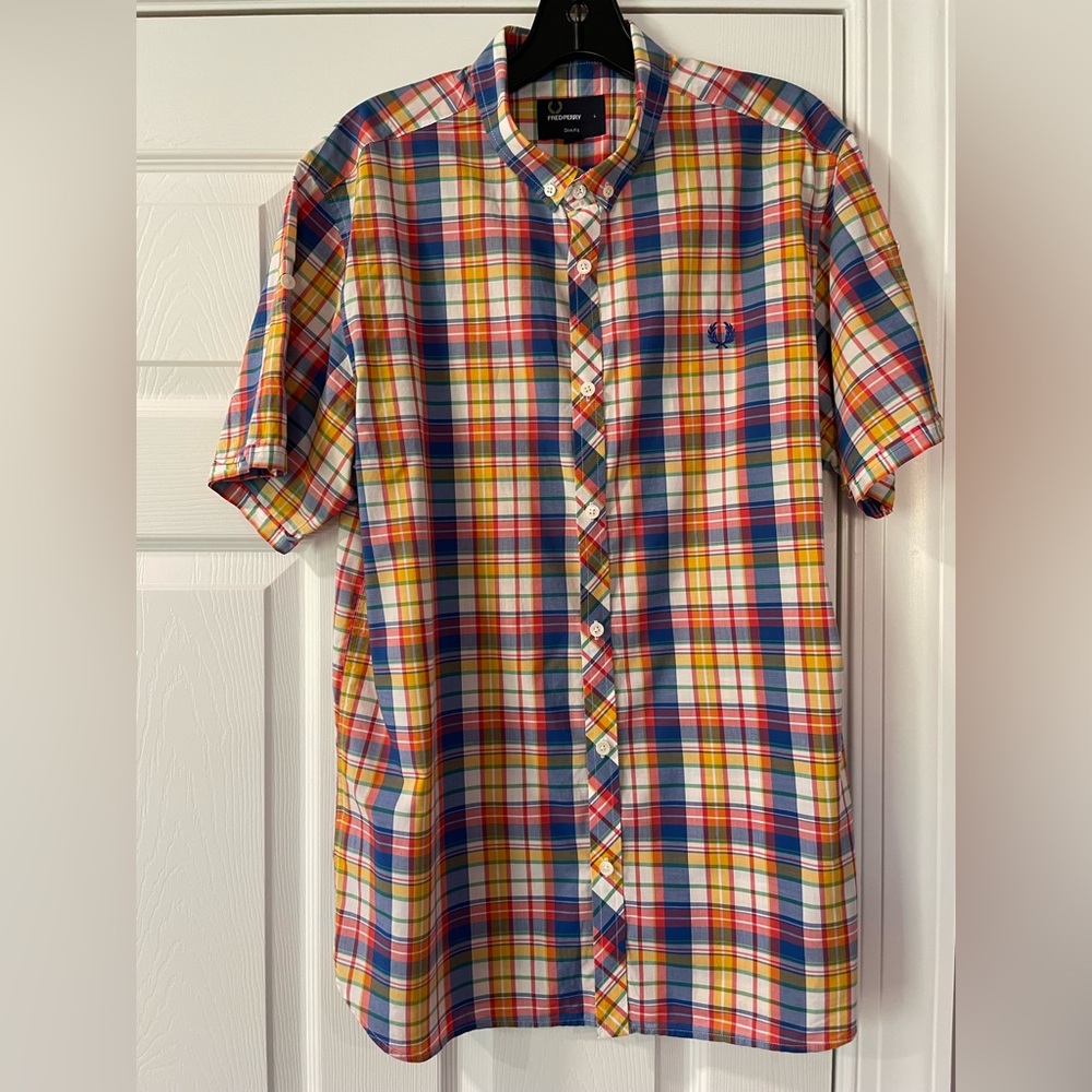 Fred Perry Vibrant Plaid Patterned Short Sleeve Button Down Shirt Large